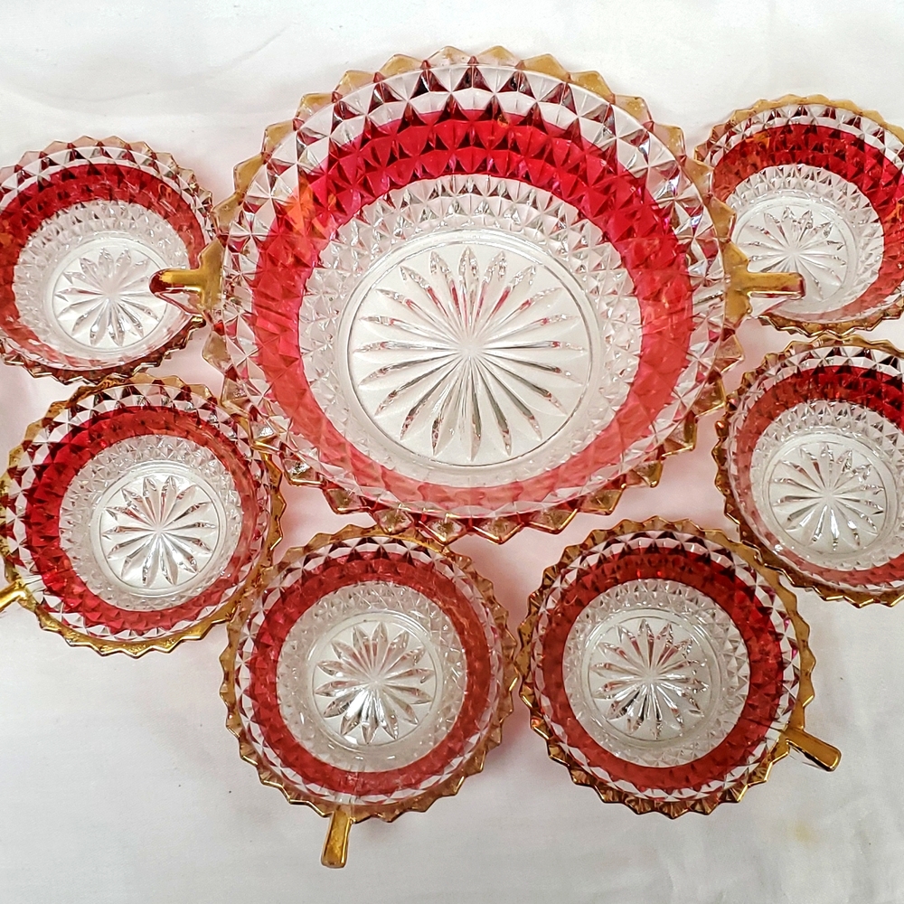 Mid Century Modern INDIANA GLASS Diamond Point ruby berry/dessert bowl set